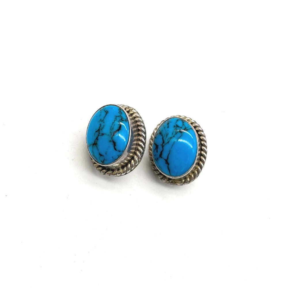 Vintage Mexico 925 Sterling Silver Blue Howlite Oval Rope Stud Earrings 15.4g
